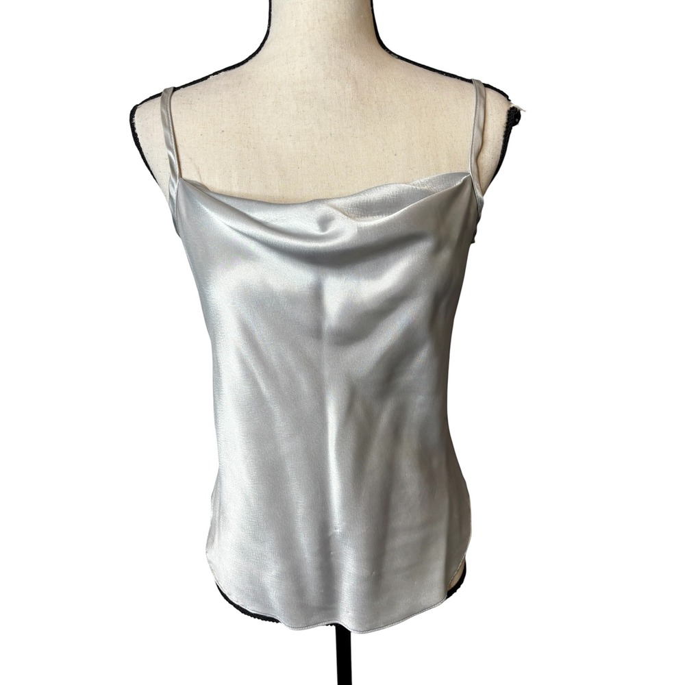 Sauci California Silver Satin Cowl Neck Camisole Top Vintage Made in USA S Y2K